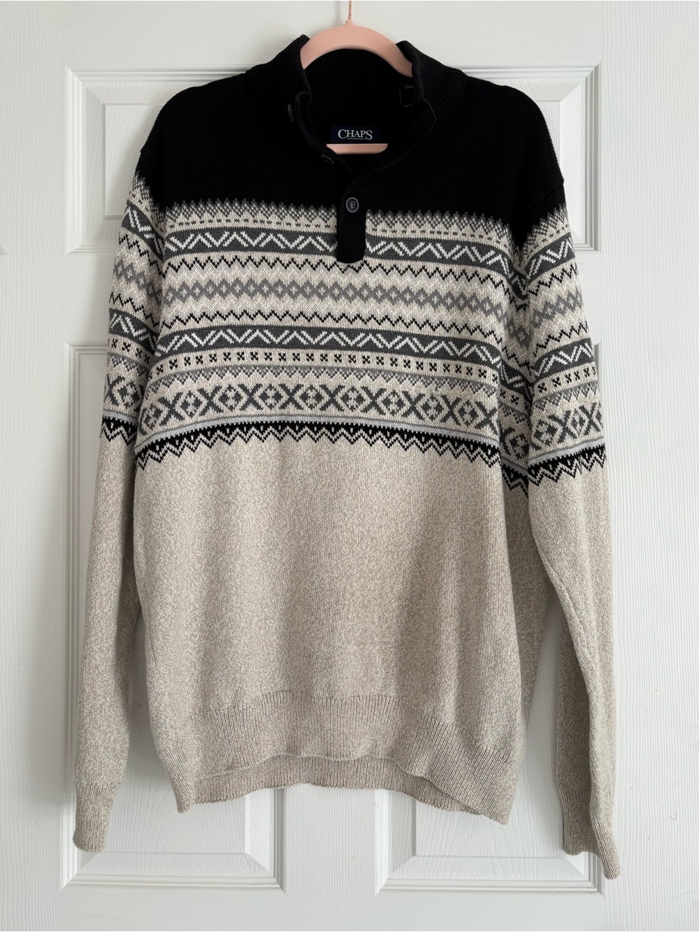 Chaps Men’s Black and Cream Fair Isle Sweater 100% Cotton Sz Large
